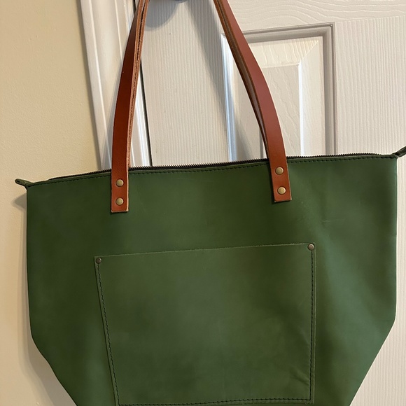 Portland Leather Handbags - Portland Leather Goods LT. ED. Lrg.Zippered Tote-Green Nubuck with Brown handles